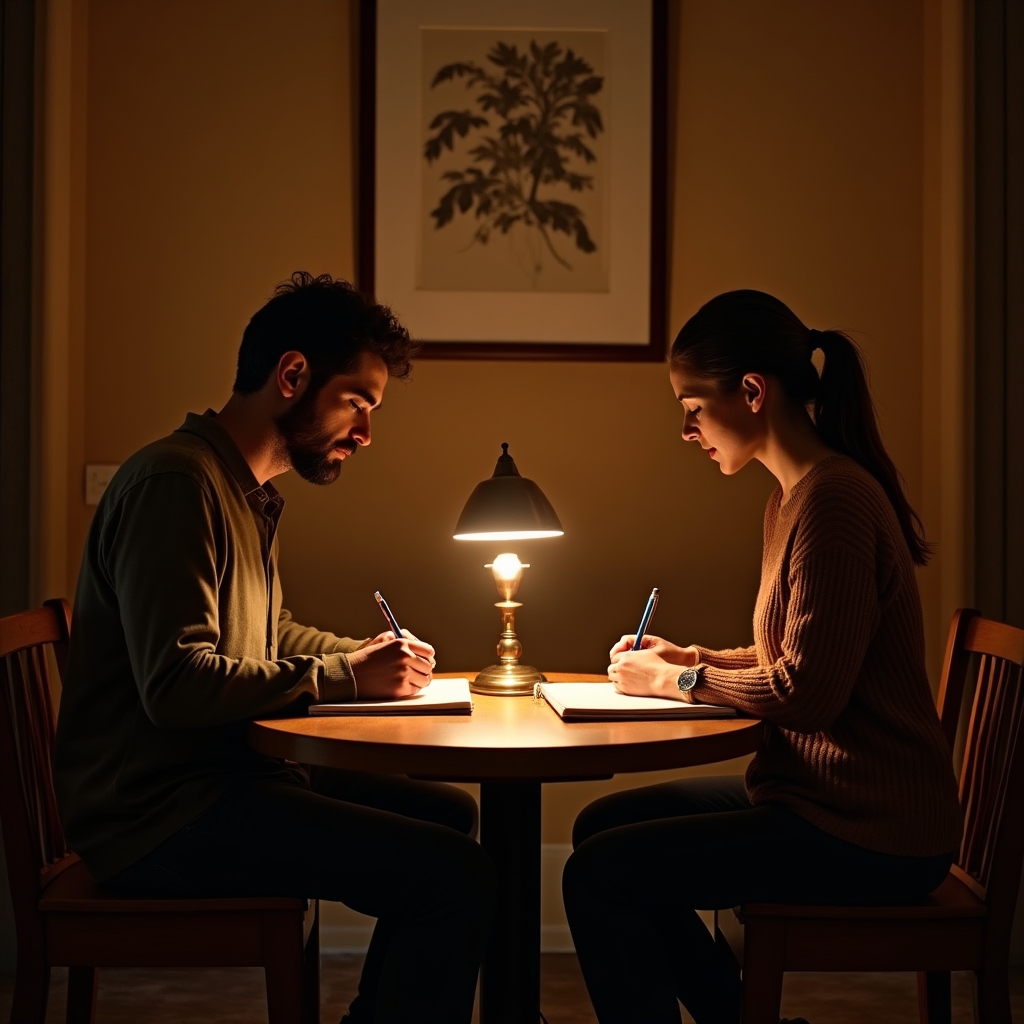 Zwei Personen schreiben abends gemeinsam an einem Holztisch mit warmer Lampe